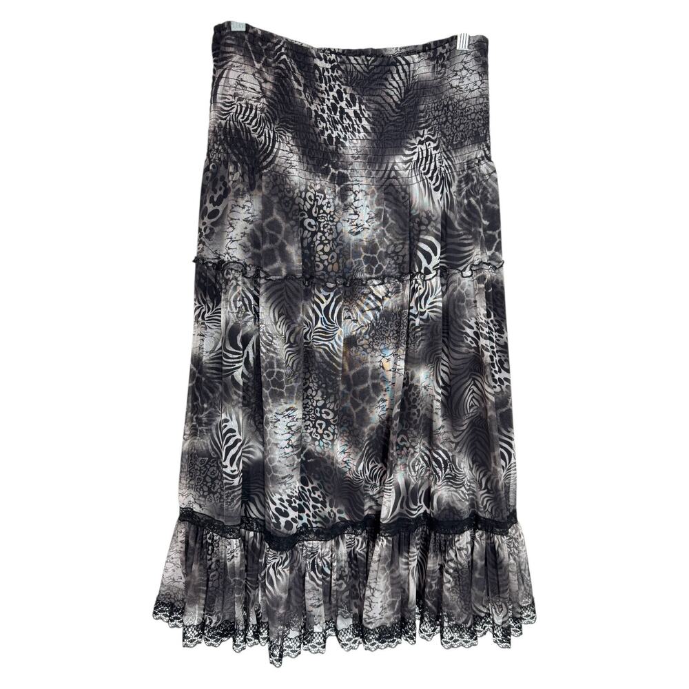 Animal Print Tiered Chiffon Midi Skirt Elastic Waist M Lace Hemline Boho